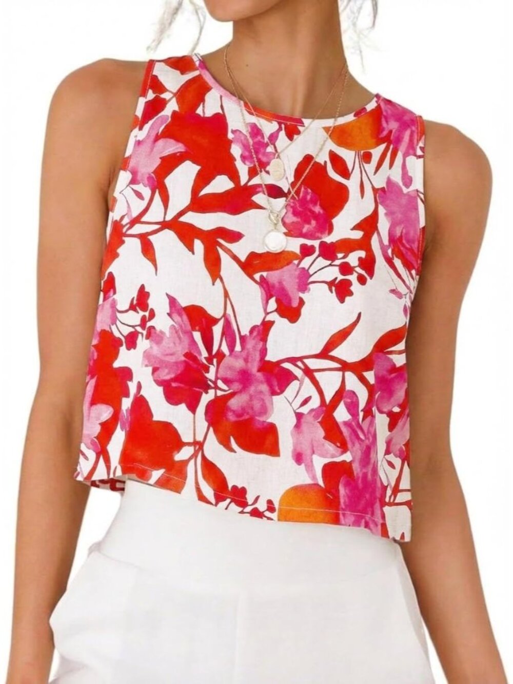 Women's Floral Red Button Linen Summer Beach Sleeveless Imported Tank Top